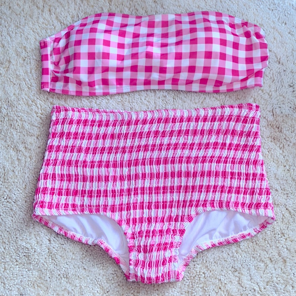 Zaful Preppy Gingham Checkered Swimwear Pink White Bikini Strapless High Waist